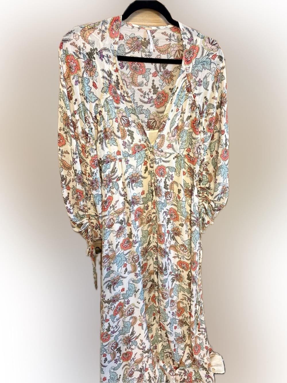 Free People Cream Floral V-Neck Maxi Dress with Coral and Blue Accents